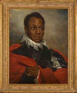 Image of a painting in a gold frame. The painting depicts a Black man dressed in a black and red Court dress of Haiti.